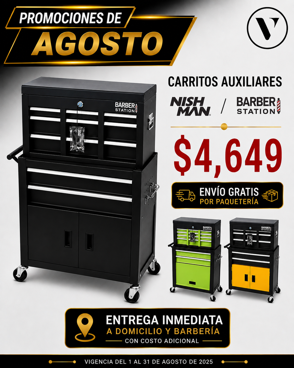 Carrito Auxiliar Metalico Verde/Negro Barber Station